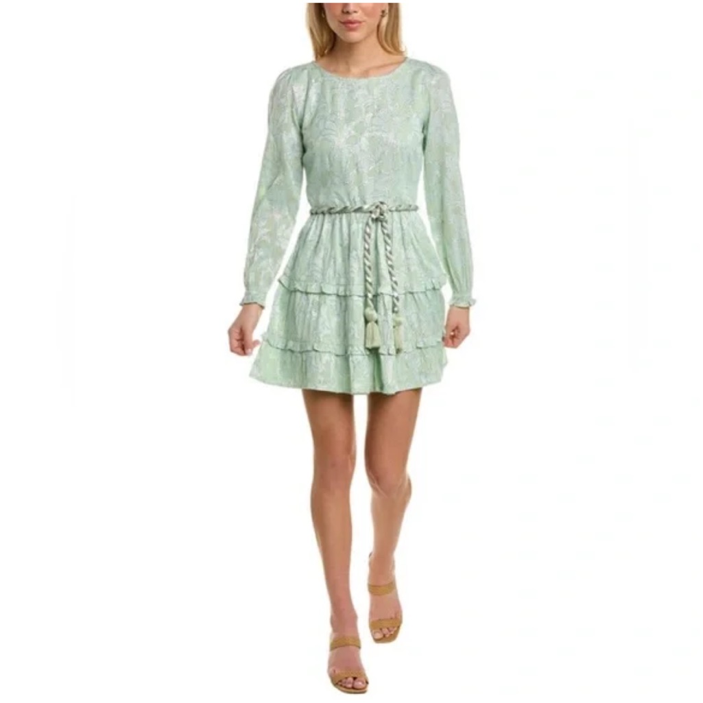 Roller Rabbit Mint Green Mini Dress L Clermont Nori Silver Tie Tassels Tiered